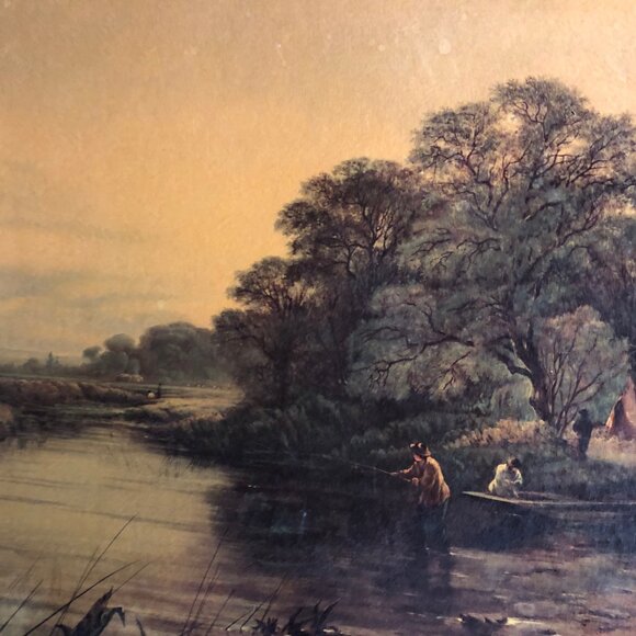 Vintage print man fishing pond river boat trees landscape framed wall decor - Picture 6 of 7